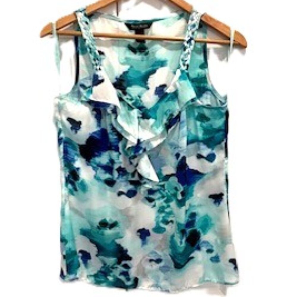 WHBM Blue/Green/Teal Ruffled Sleeveless Top, Size Small